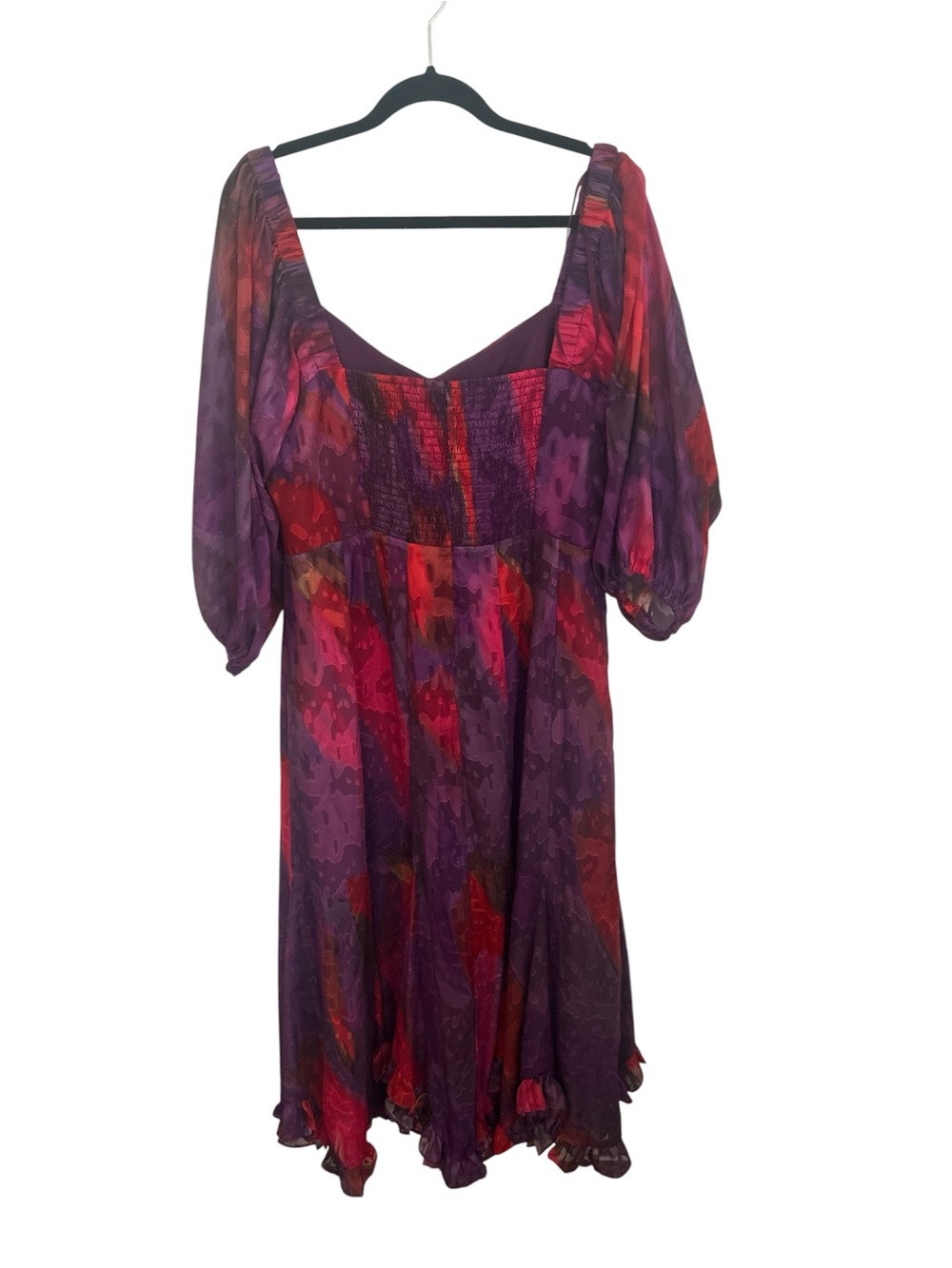 Hutch Printed Twist-Front Puff-Sleeve Ruffle-Hem Dress Purple Pink 1X NWT - Picture 2 of 8